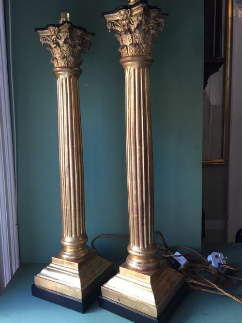 fig 1. Magnificent pair of late C19th carved gilt-wood Corinthian column table-lamps.