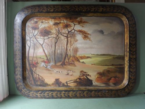 Rare Early C19th Regency Period Papier-mâché Tray Decorated with Fox-hunting Scene.