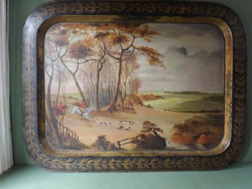 fig 1. Rare early C19th Regency period papier-mâché tray decorated with fox-hunting scene. 