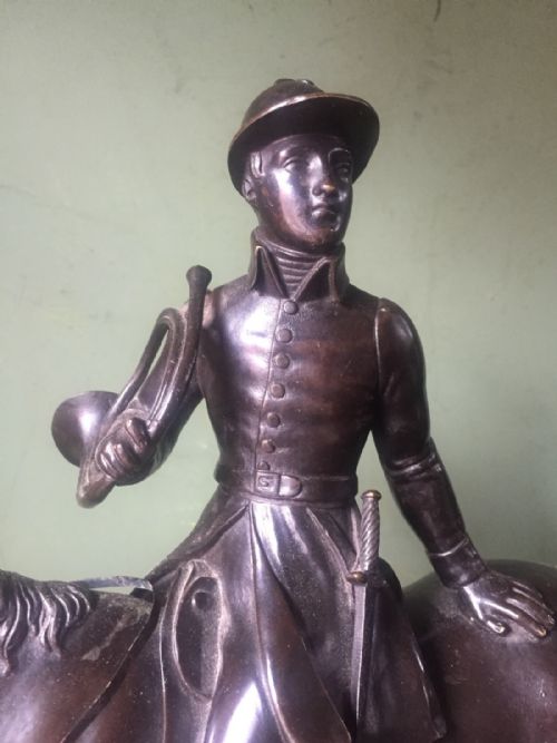 fig 1. Fine late C19th French equestrian bronze of a mounted huntsman on a carved ovoid alabaster plinth base.