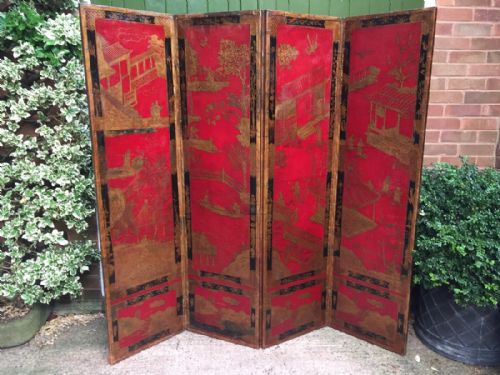 Late C19th Four-fold Chinoiserie Polychrome and Gilt Decorated Embossed Leather Draught-screen / Room-divider.