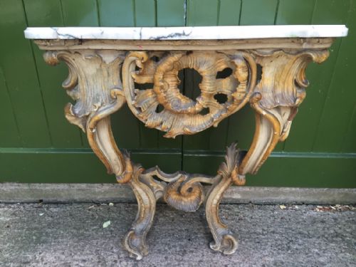 Late C18th Italian Marble-topped Carved Gilt-wood and Decorated Rococo-style Console Table.
