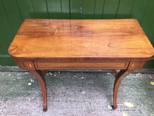 EARLY C19TH REGENCY PERIOD INLAID ROSEWOOD FOLDOVER CARD OR GAMING TABLE RAISED ON SABRE LEGS - ADDITIONAL PHOTO 10