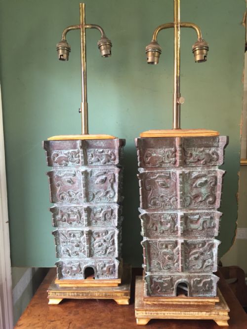 Pair of Early C20th Chinese Verdigris Bronze Lamp-bases of Archaic Shang Dynasty 'Fanglei' Design.