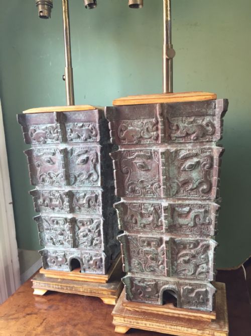 fig 1. Pair of early C20th Chinese verdigris bronze lamp-bases of Archaic Shang dynasty 'Fanglei' design.