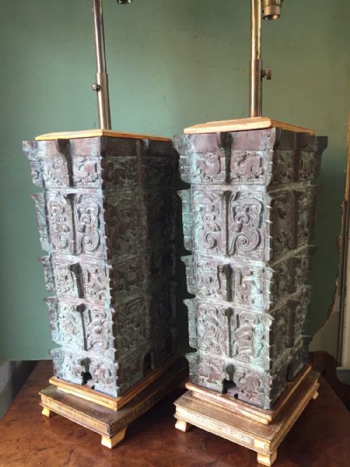 fig 2. Pair of early C20th Chinese verdigris bronze lamp-bases of Archaic Shang dynasty 'Fanglei' design.