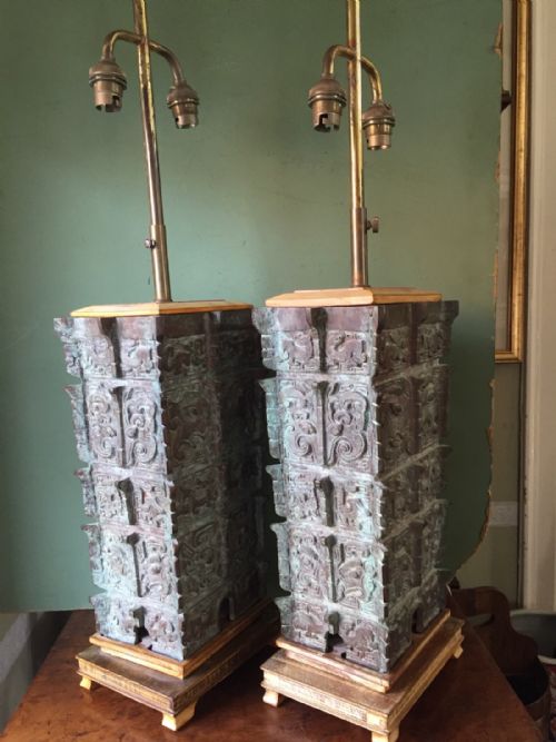 fig 3. Pair of early C20th Chinese verdigris bronze lamp-bases of Archaic Shang dynasty 'Fanglei' design.