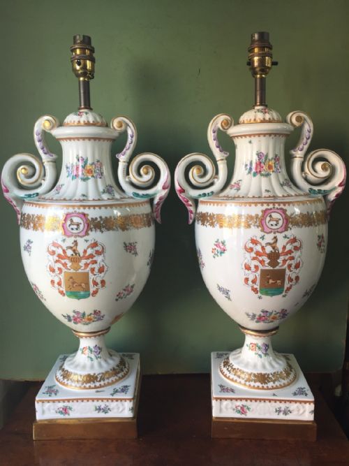 Large Pair of Early C20th Chinese Armorial Style Porcelain Lamps , Probably by Samson of Paris .