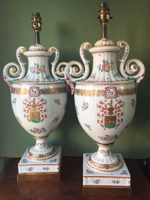 fig 1. Large pair of early C20th Chinese armorial style porcelain lamps , probably by Samson of Paris .