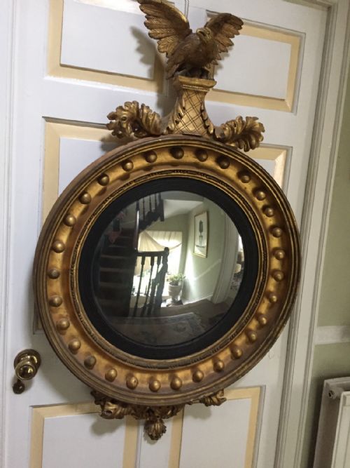 Large Early C19th Regency Period Carved Gilt-wood Framed Convex Plate Mirror.
