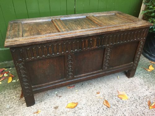 Mid C17th Carved Oak 3-Panel Coffer.
