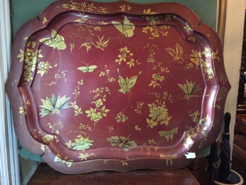 fig 1. C19th red and gilt-decorated papier-mache tray by Jennens & Bettridge.