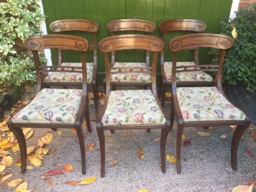 Set of 6 Early C19th Regency Mahogany Sabre-leg Dining Chairs.