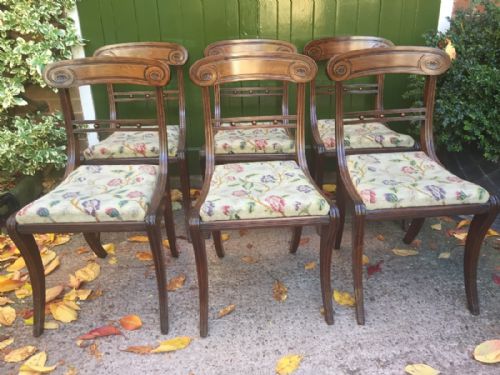 fig 1. Set of 6 early C19th Regency mahogany sabre-leg dining chairs.