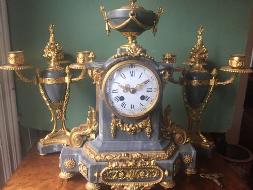 fig 1. Fine quality late C19th French ormolu-mounted 3-piece 'bleu turquin' marble clock garniture.
