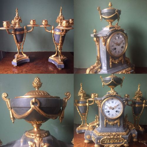 fig 2. Fine quality late C19th French ormolu-mounted 3-piece 'bleu turquin' marble clock garniture.