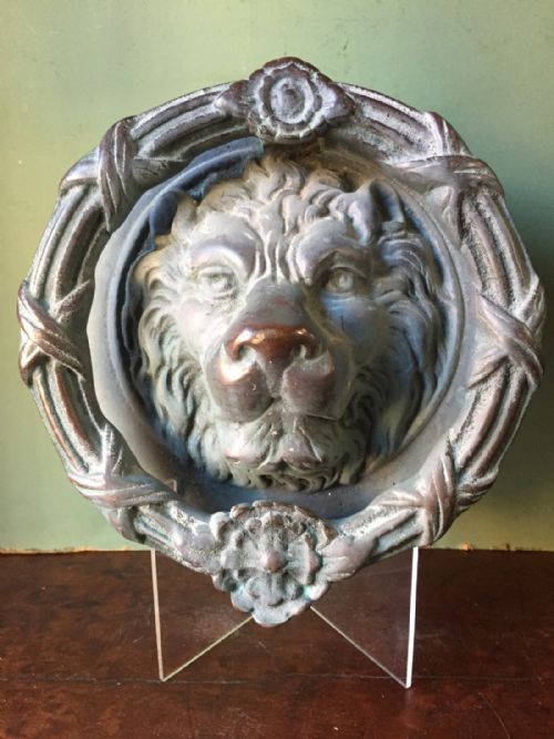 Large Late C19th /Early C20th Cast Verdigris Bronze Classical-style Lion's-mask Door Knocker.