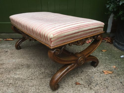 Large Mid C19th Victorian Period Carved Walnut X-frame Stool .