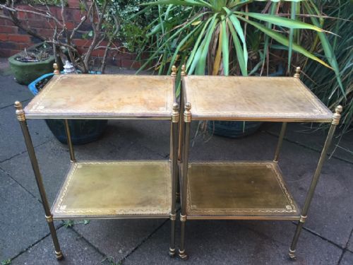 Pair of Early C20th Lacquered Tubular Brass-framed Leather-topped 2-Tier Etageres.