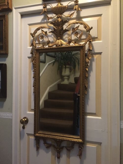 Early C20th Adam-style Carved Gilt-wood and Gesso Framed Mirror of Neo-classical Design.
