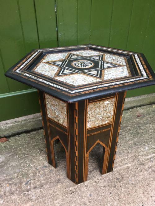 Late C19th/early C20th Syrian Inlaid 'Mother of Pearl' Nacre-shell and Ebonised Hexagonal Table .