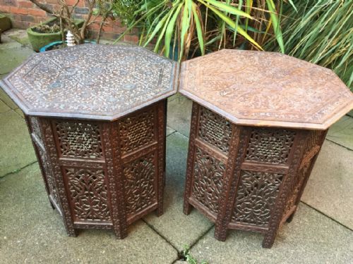Matched 'Pair' of Late C19th Anglo-indian Carved Shisham Octagonal Tables on Folding Bases.