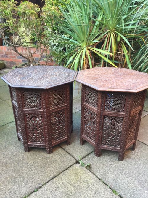 fig 1. Matched 'pair' of late C19th Anglo-Indian carved shisham octagonal tables on folding bases.