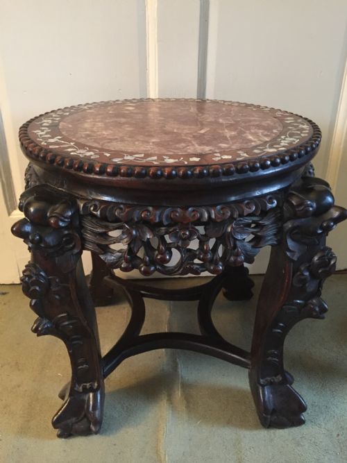 fig 1. Late C19th Chinese Qing Dynasty carved hardwood marble top jardiniere stand .