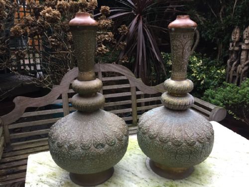 Pair of Late C19th/early C20th Middle Eastern , Probably Egyptian or "Cairo-ware" , Over-scaled Embossed Brass Bulbous Lamp-bases.