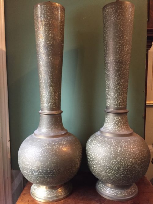 Pair Late C19th /Early C20th Middle Eastern, Probably Egyptian, Brass Lamp-bases with Engraved Leaf Decoration on an Enamelled Body .