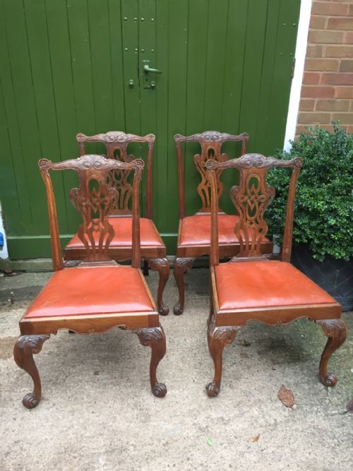 fig 1. Set of 4 mid C18th style carved walnut dining or side chairs in the Chippendale manner .