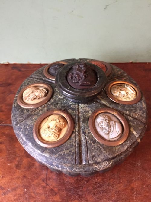 C19th Italian 'Grand Tour' Souvenir Carved Serpentine Marble Ink-stand Set with Carved Lava Cameo Profiles.