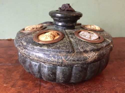 fig 1. C19th Italian 'Grand Tour' souvenir carved serpentine marble ink-stand set with carved lava cameo profiles.
