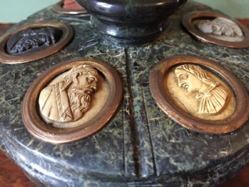 fig 2. C19th Italian 'Grand Tour' souvenir carved serpentine marble ink-stand set with carved lava cameo profiles.
