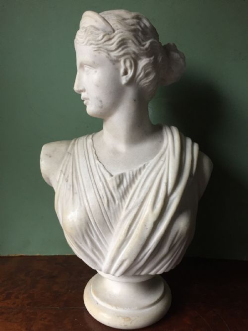 Early C19th Carved White Statuary Marble Bust Study of Diana.