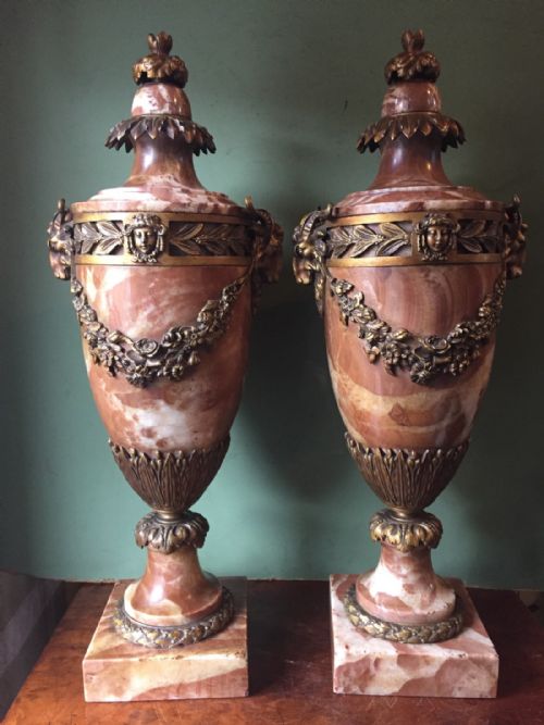 Large and Impressive Pair of Late C19th/early C20th French Gilt-metal Mounted Marble Vases in the Louis Xvi Style.
