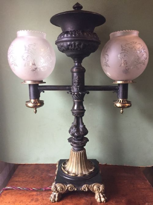 Early C19th George IV Period Bronze and Gilt-bronze Twin-branch Colza Lamp.