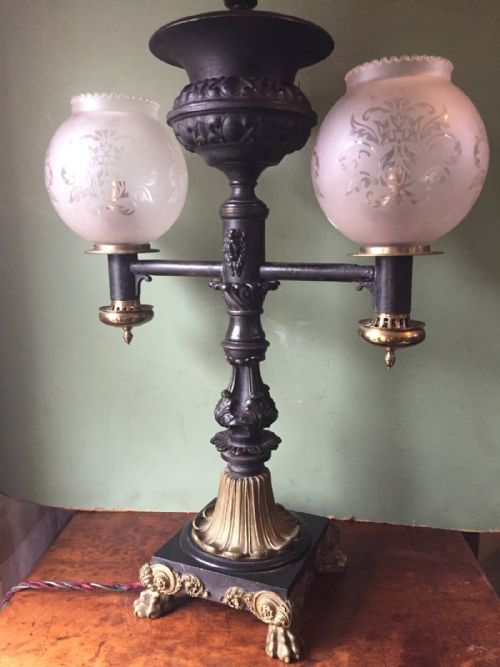 fig 1. Early C19th George IV period bronze and gilt-bronze twin-branch colza lamp.