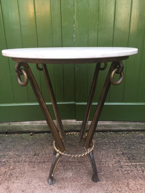 Early C20th French Gilded-bronze Based Table or 'Gueridon' with Circular Travertine Stone Top.