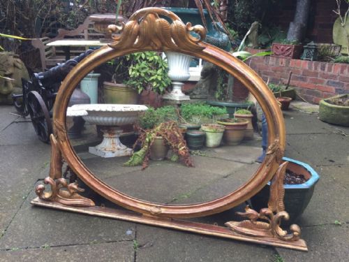 Mid C19th Carved Giltwood Oval-framed Overmantel Mirror with Unusual Carved Fern Motif Decoration.