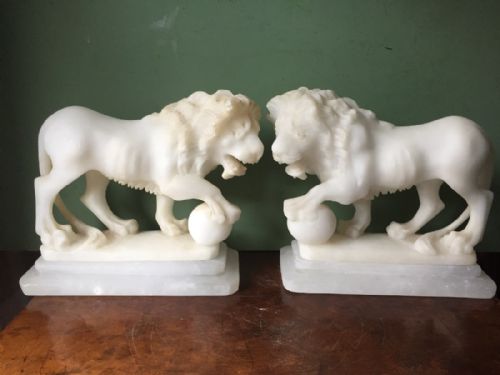 Pair of Late C19th Italian Carved Alabaster 'Grand Tour' Souvenir "Medici Lions".