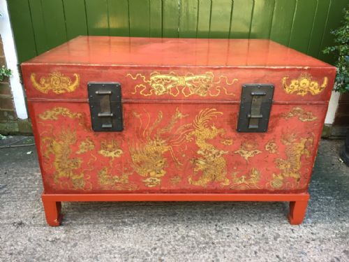 Late C19th/ Early C20th Chinese Red Painted and Lacquered Leather Chest or Trunk on Stand , with Gilt Decoration.