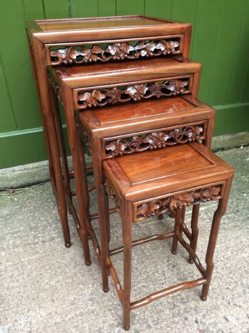 Late C19th Chinese Qing Dynasty Quartetto of Carved Hardwood Nesting Tables.