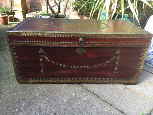 Early C19th Chinese Export Brass-bound and Studded Burgundy Leather-covered Camphor Trunk .