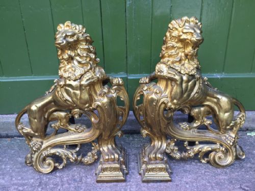 Magnificent Pair of Large-scale C19th French Louis Xvi Style Ormolu Bronze Fireplace 'Chenets' Cast as Rampant Lions .