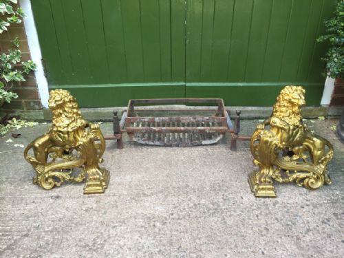 fig 2. Magnificent pair of large-scale C19th French Louis XVI style ormolu bronze fireplace 'chenets' cast as rampant lions .