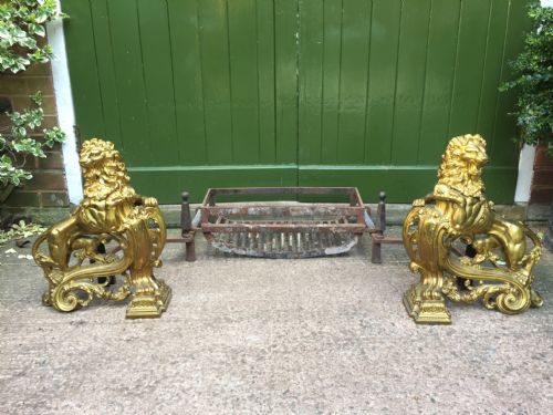 fig 1. Magnificent pair of large-scale C19th French Louis XVI style ormolu bronze fireplace 'chenets' cast as rampant lions .