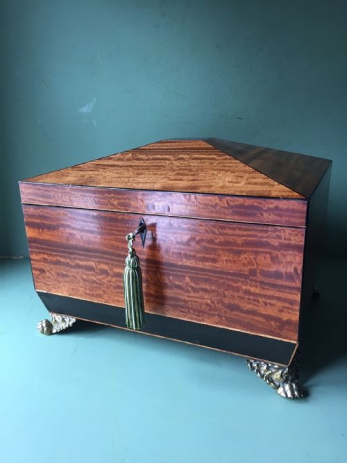 Early C19th Regency Period Satinwood and Ebony Sewing Casket or Box of Sarcophagus Form .