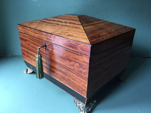 fig 1. Early C19th Regency period satinwood and ebony sewing casket or box of sarcophagus form .