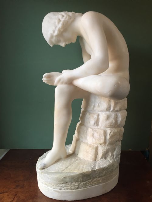 Late C19th Italian Carved Alabaster 'Grand Tour' Souvenir Sculpture, After the Antique, of "Spinario "Or "The Thorn Puller".